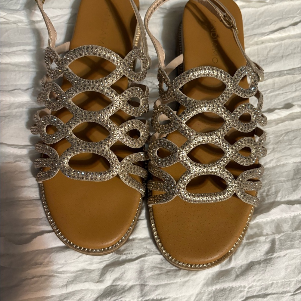 Tan and Silver Sandals with Intricate Woven Design